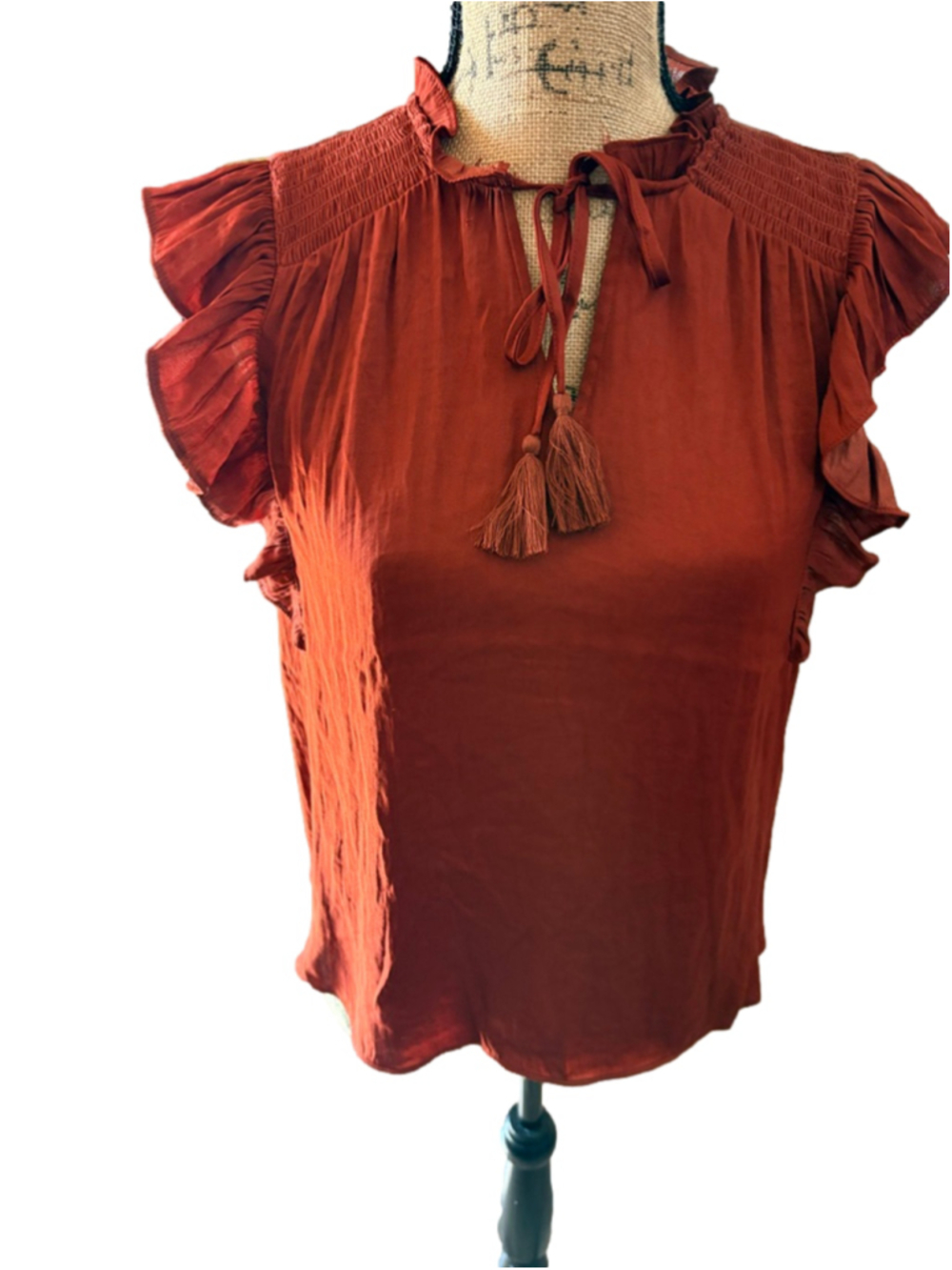 Maison d'Amelie Paris Rust Ruffle Blouse Size XS (18” PTP) NWT - Picture 2 of 8